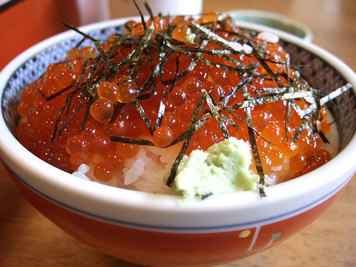 Rice bowl topped with salmon caviar by pelican, on Flickr